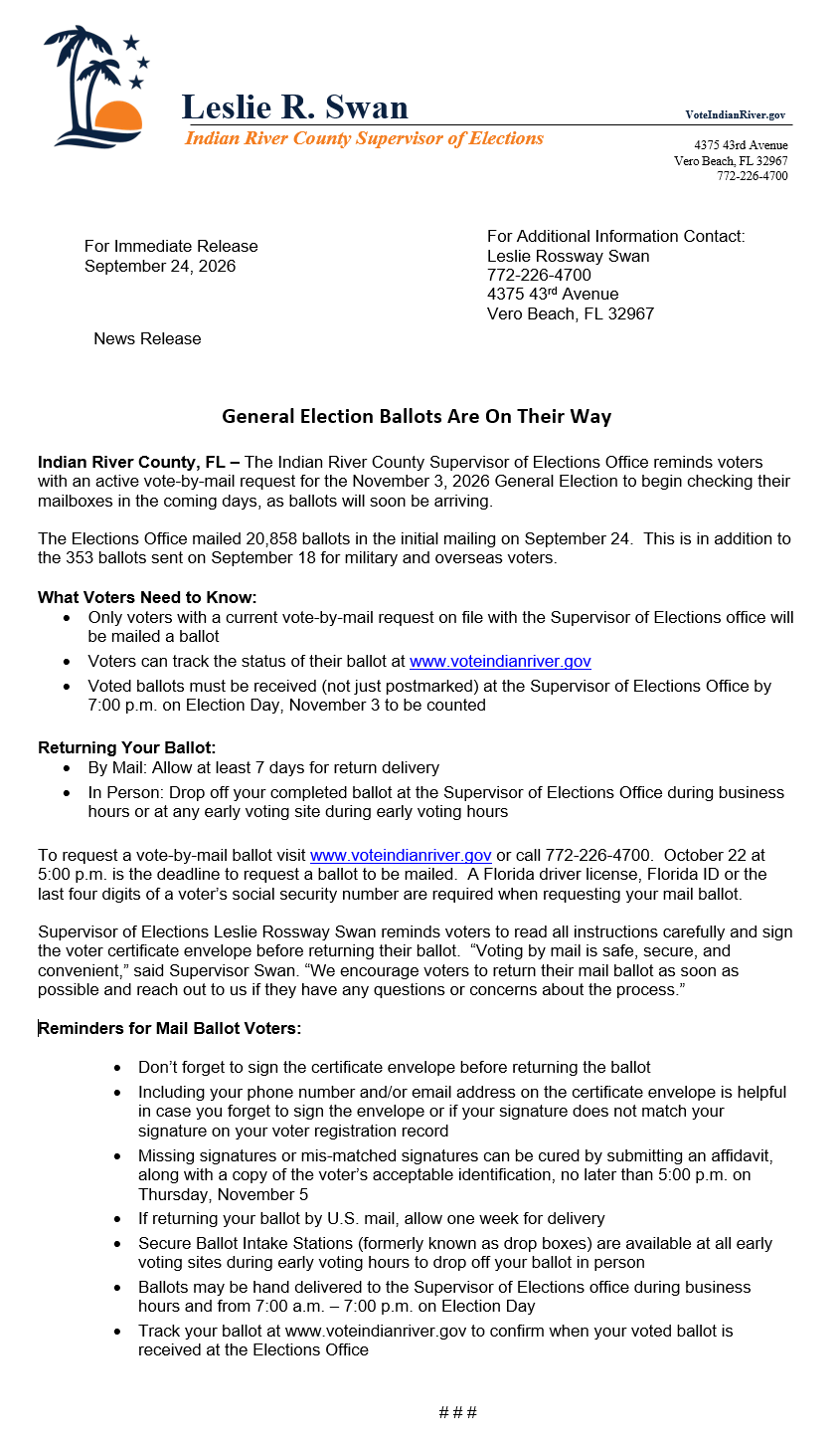 Image of Press Release announcing mailing of General Election ballots